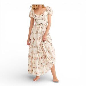 LoveShackFancy Angie Puff Sleeve Cream Floral Maxi Dress Size 2